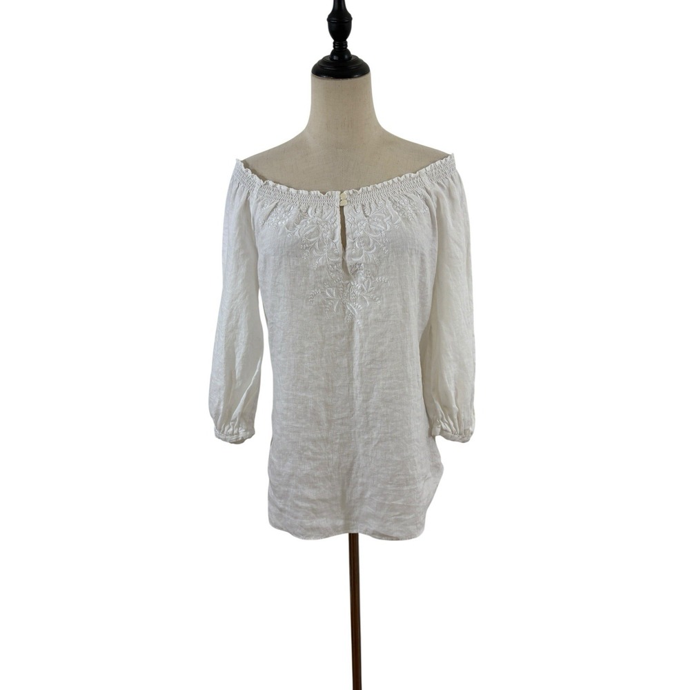 Lauren Ralph Lauren White Linen Peasant Blouse PXs Off‎ Shoulder Embroidered